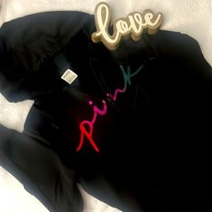 VICTORIAS SECRET PINK FULL ZIP HOODIE SIZE XS black with glitter detail 💕